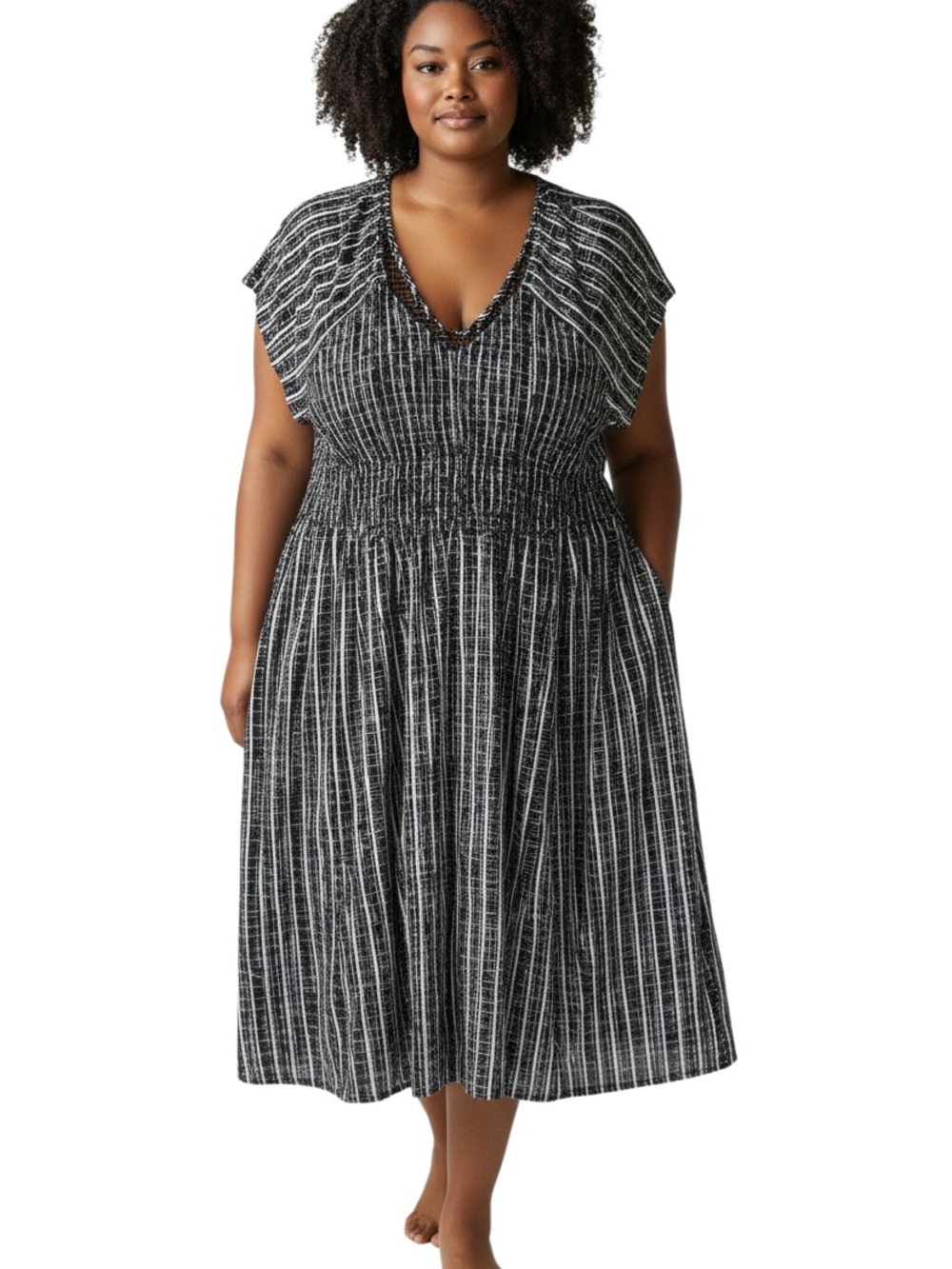 torrid Black and White Striped Smocked Midi Dress